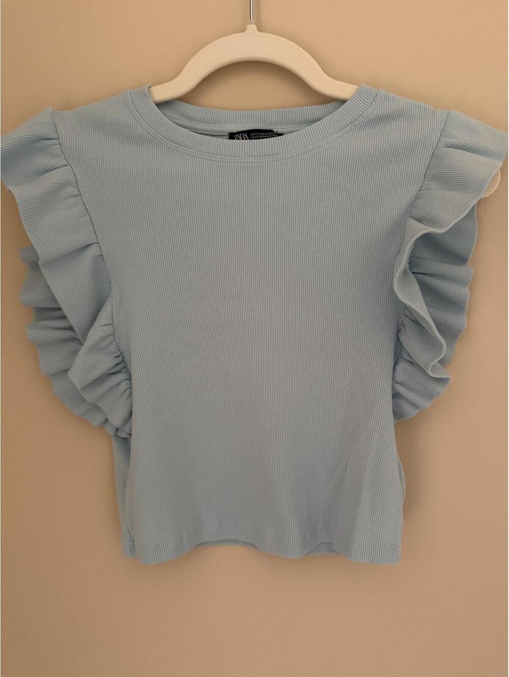 ZARA blue ribbed crop top w/ ruffly sleeves, Small